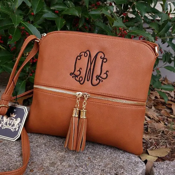 Personalized monogram Black tassels cross body