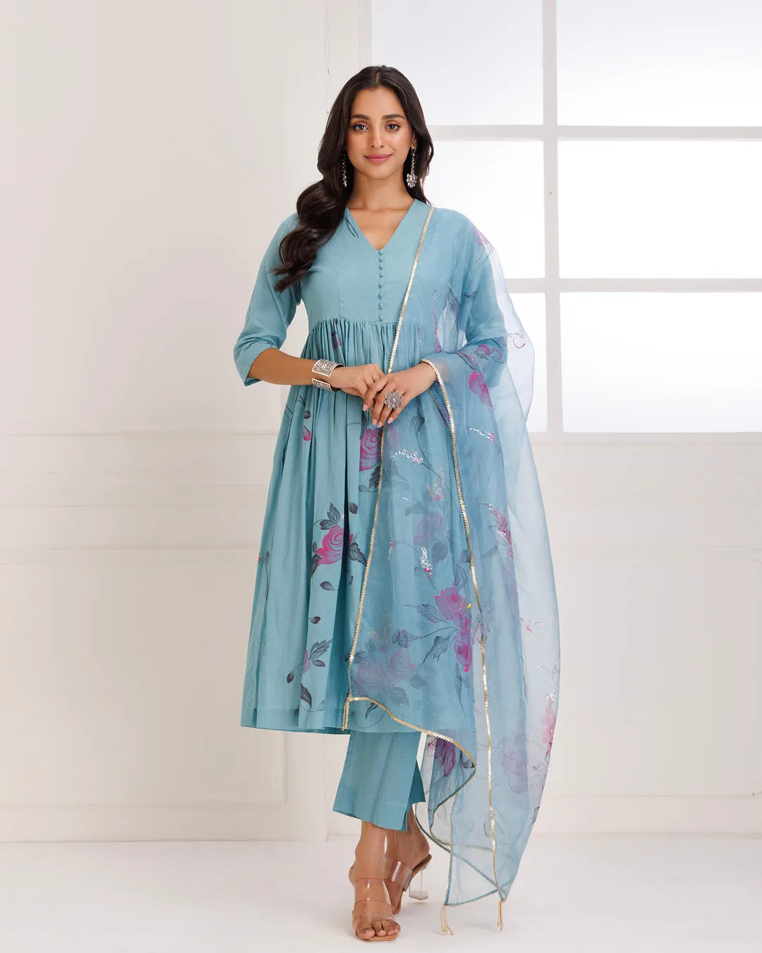 Rangreza Aqua HandPainted Gathered Suit Set - Set of 3