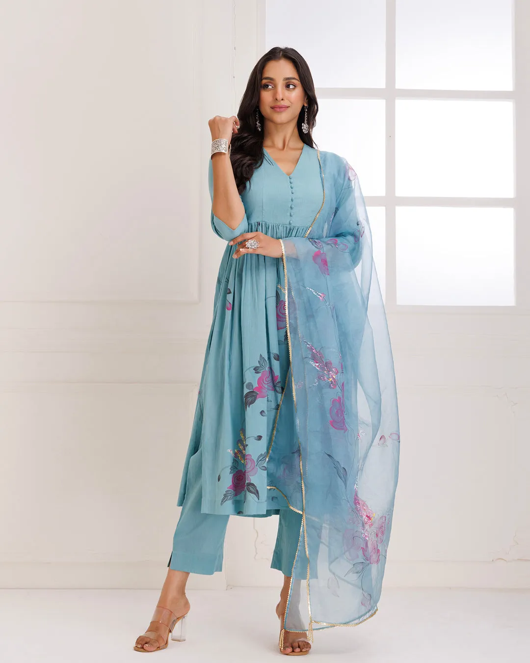 Rangreza Aqua HandPainted Gathered Suit Set - Set of 3