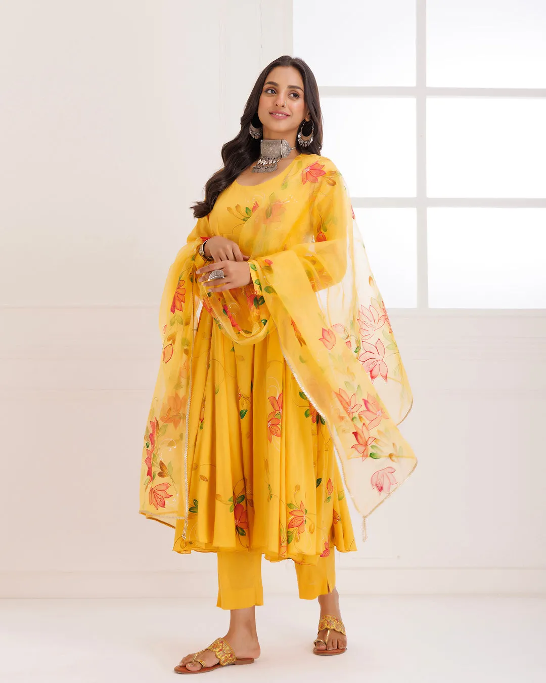 Rangreza Mustard HandPainted Anarkali Suit Set - Set of 3