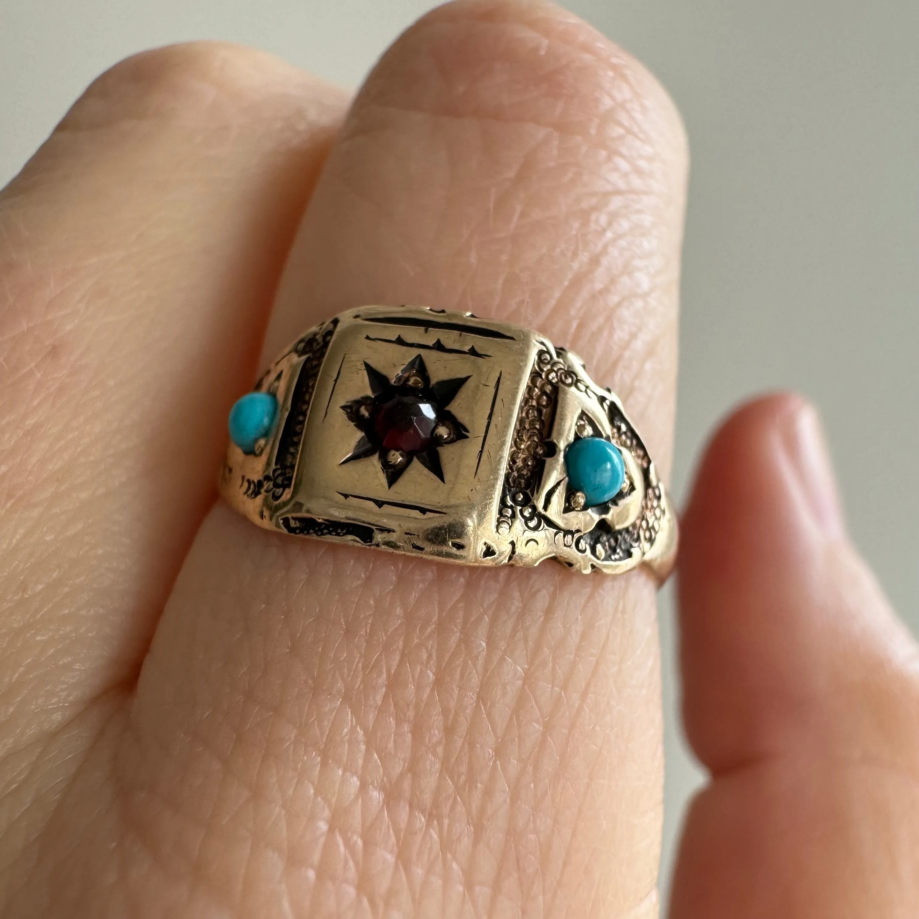 reimagined A N T I Q U E // starry signet / 10k rosy starburst signet with turquoise and red stone / size 7.5