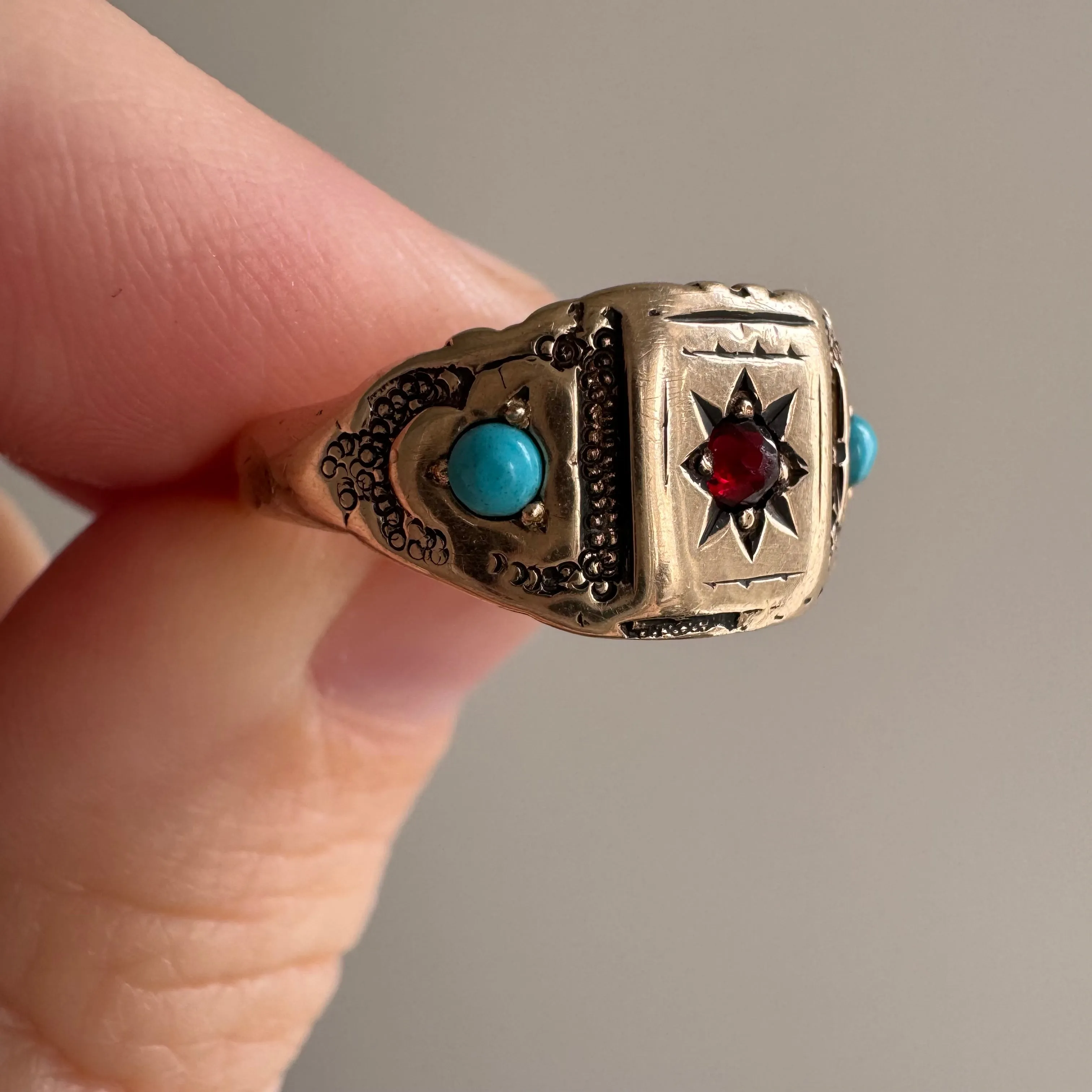 reimagined A N T I Q U E // starry signet / 10k rosy starburst signet with turquoise and red stone / size 7.5