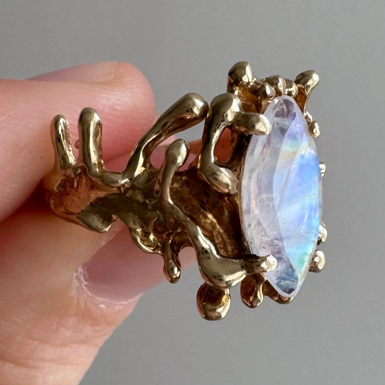 reimagined V I N T A G E // rainbow portal / 10k brutalist ring with rainbow moonstone / size 5.5