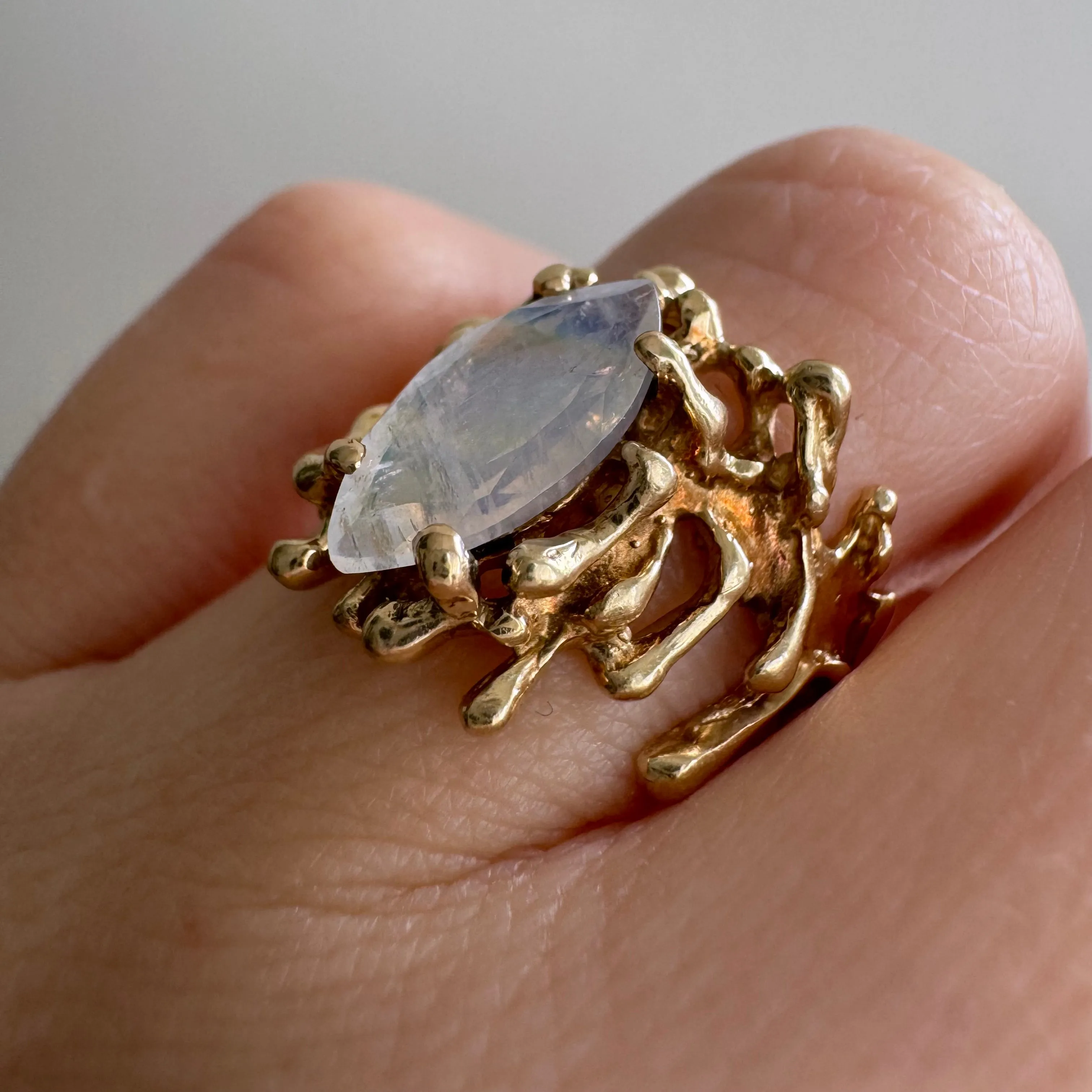 reimagined V I N T A G E // rainbow portal / 10k brutalist ring with rainbow moonstone / size 5.5