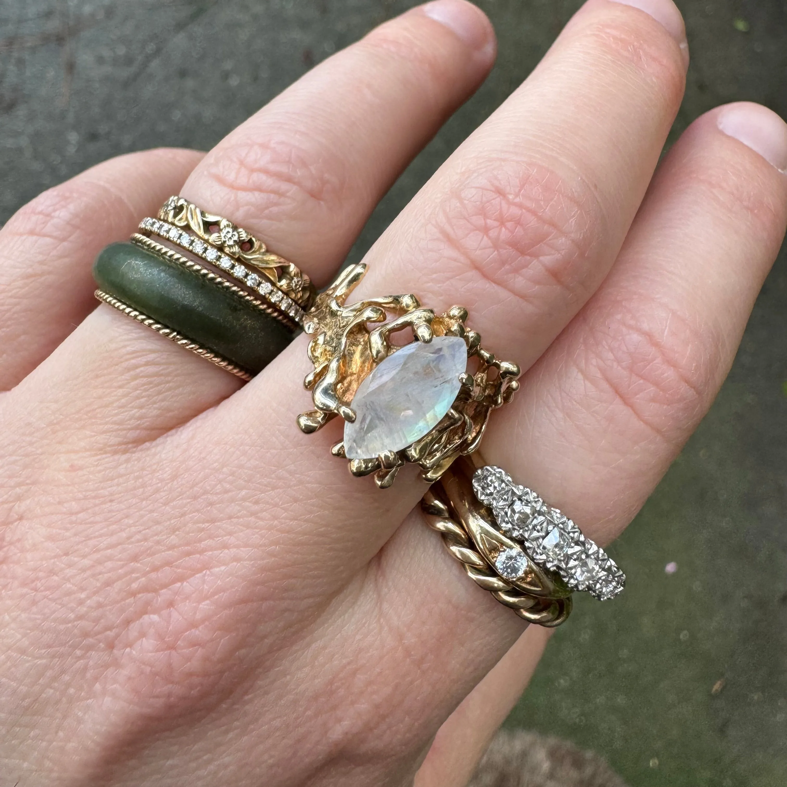 reimagined V I N T A G E // rainbow portal / 10k brutalist ring with rainbow moonstone / size 5.5