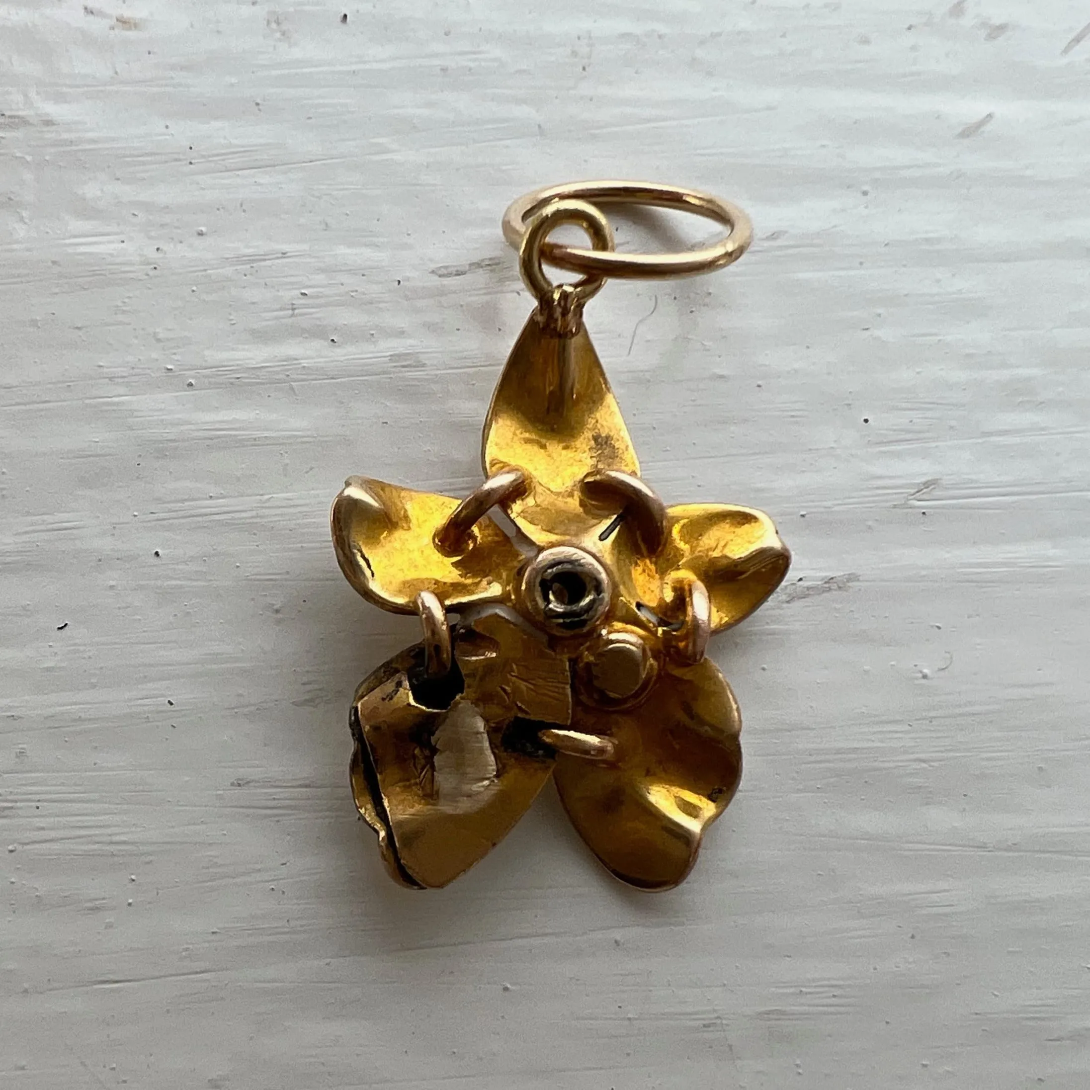 reimagined V I N T A G E // star flower / solid 14k yellow gold stick pin conversion pendant / enamel white flower with diamond