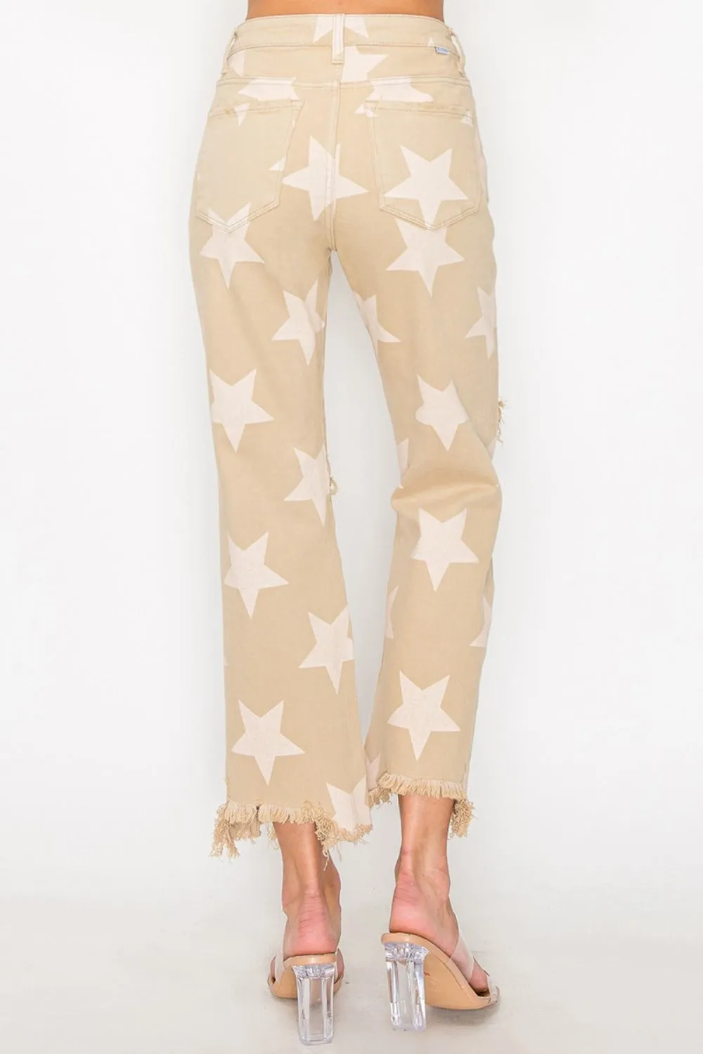 RISEN High Rise Star Printed Frayed Hem Jeans