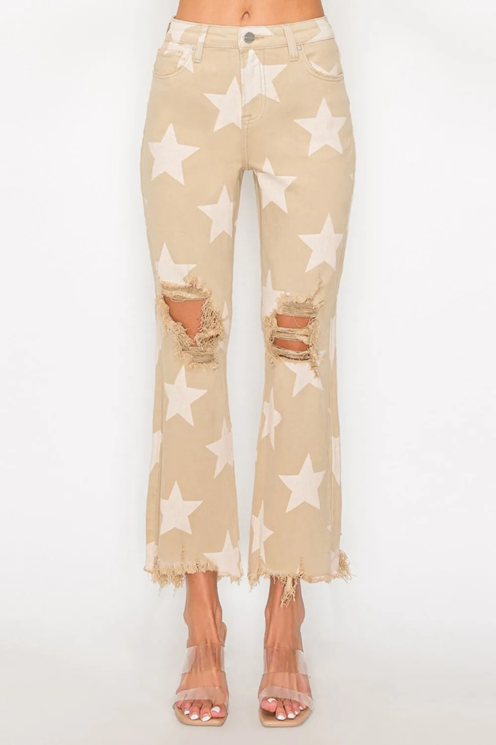 RISEN High Rise Star Printed Frayed Hem Jeans