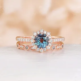 Round Lab Alexandrite Pave Engagement Ring Set Vintage Matching Band