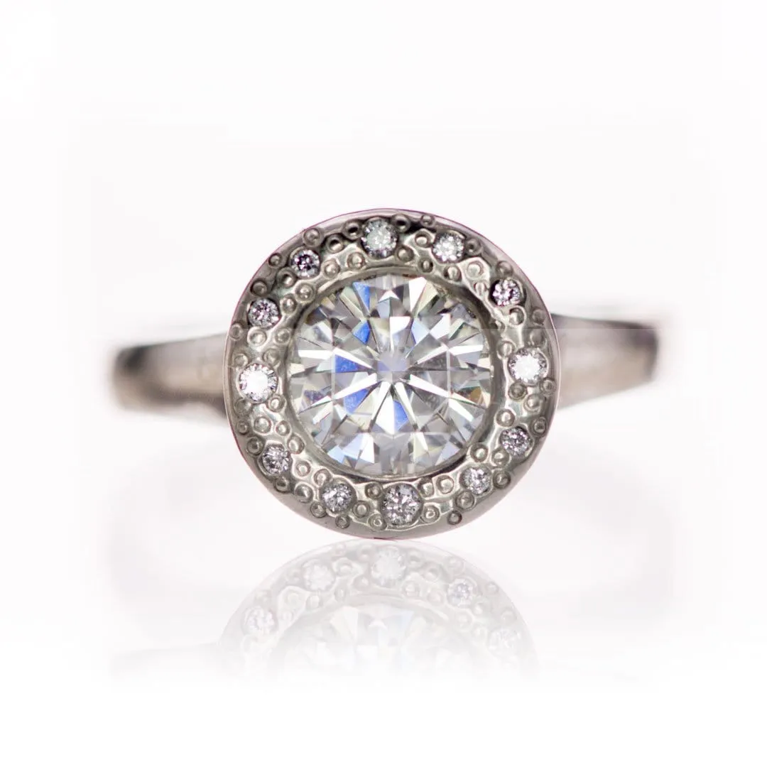 Round Moissanite Low Profile Diamond Star Dust Halo Bezel Engagement Ring