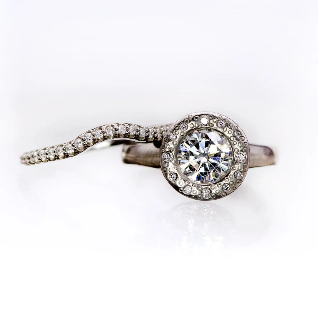 Round Moissanite Low Profile Diamond Star Dust Halo Bezel Engagement Ring