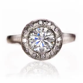 Round Moissanite Low Profile Diamond Star Dust Halo Bezel Engagement Ring