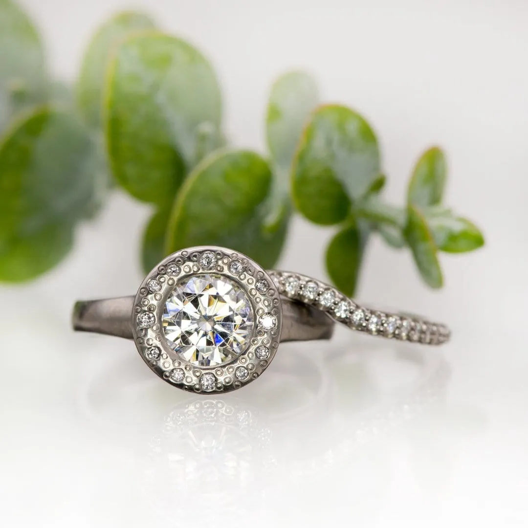 Round Moissanite Low Profile Diamond Star Dust Halo Bezel Engagement Ring