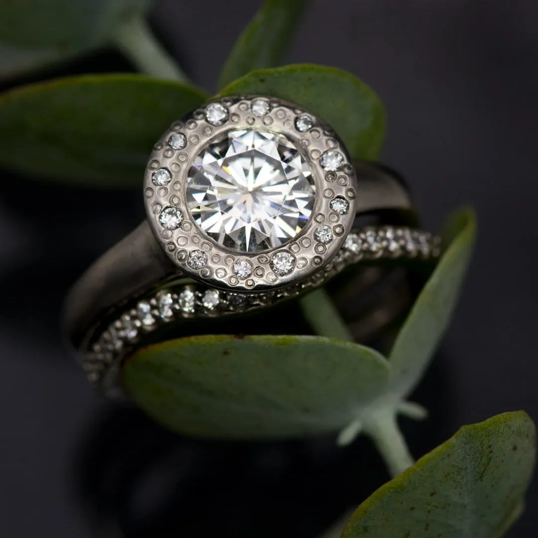 Round Moissanite Low Profile Diamond Star Dust Halo Bezel Engagement Ring