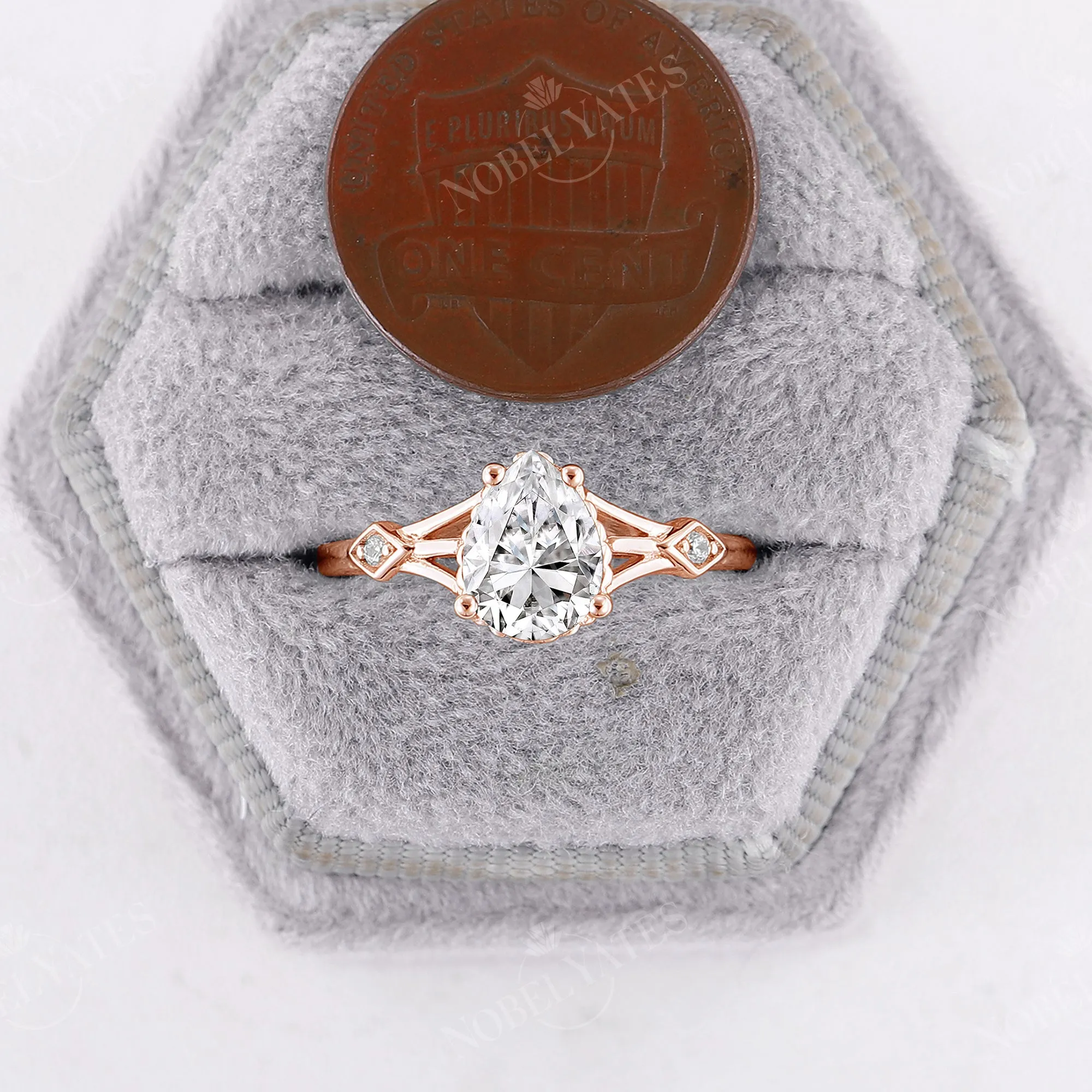 Teardrop Moissanite Engagement Ring Split Band Rose Gold