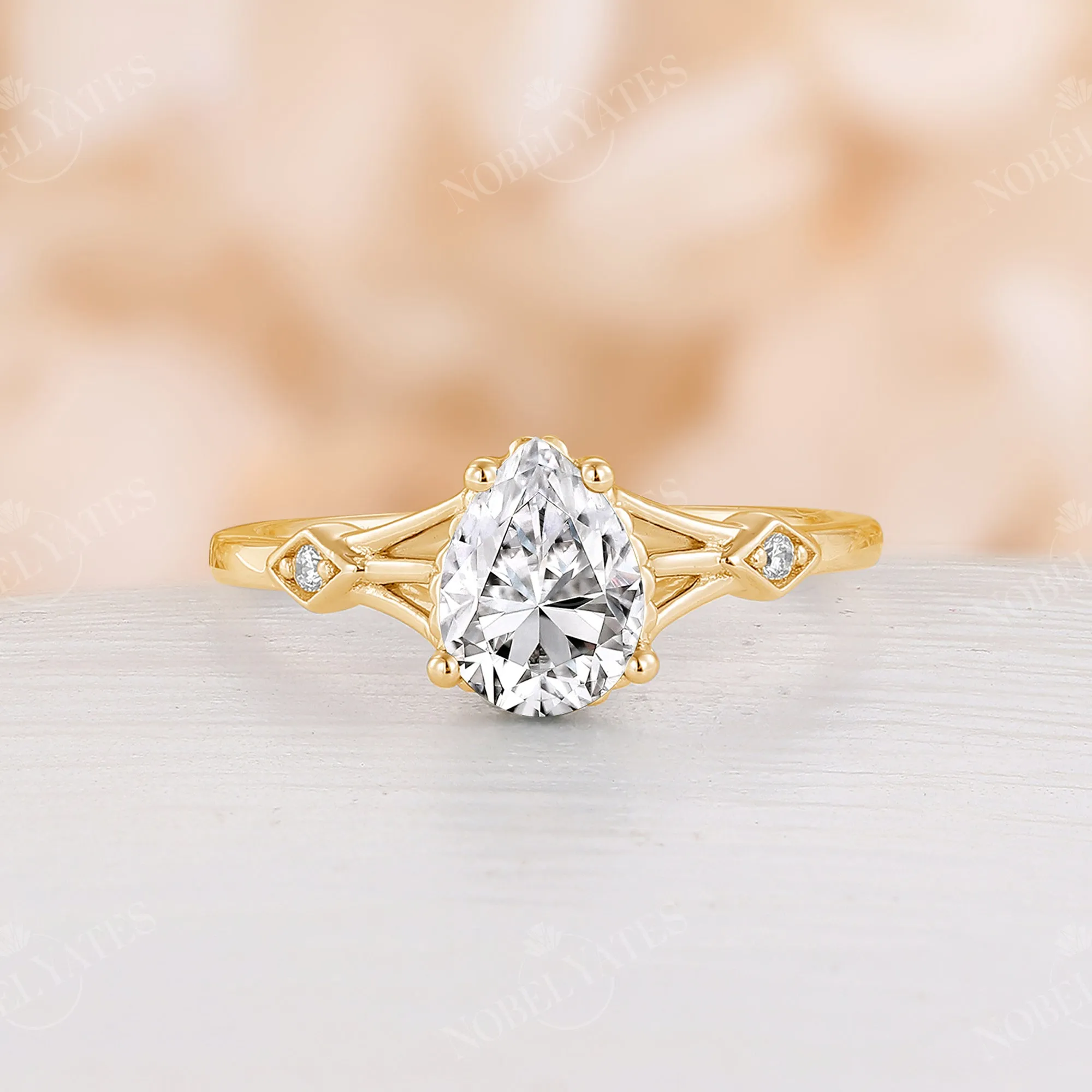 Teardrop Moissanite Engagement Ring Split Band Rose Gold