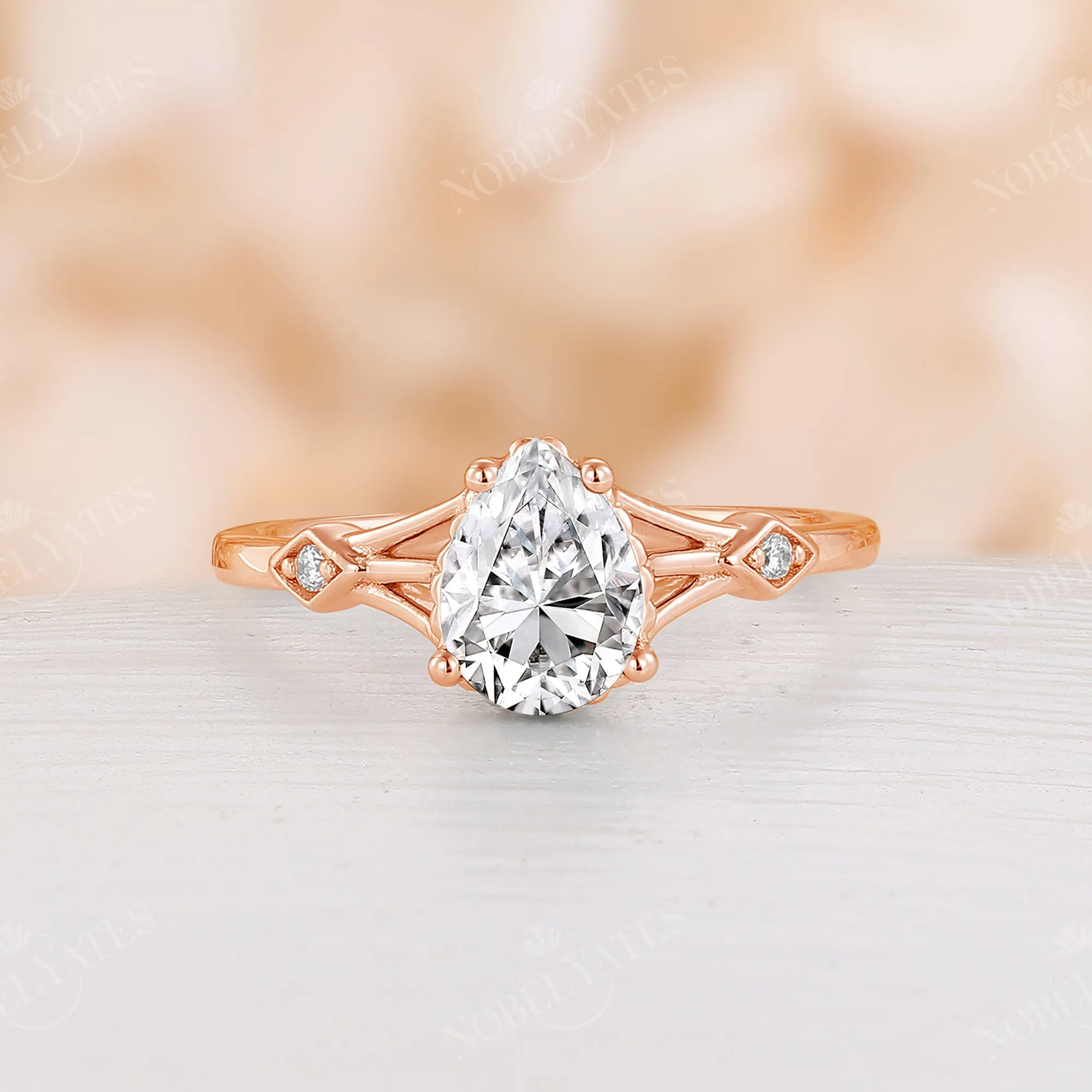 Teardrop Moissanite Engagement Ring Split Band Rose Gold