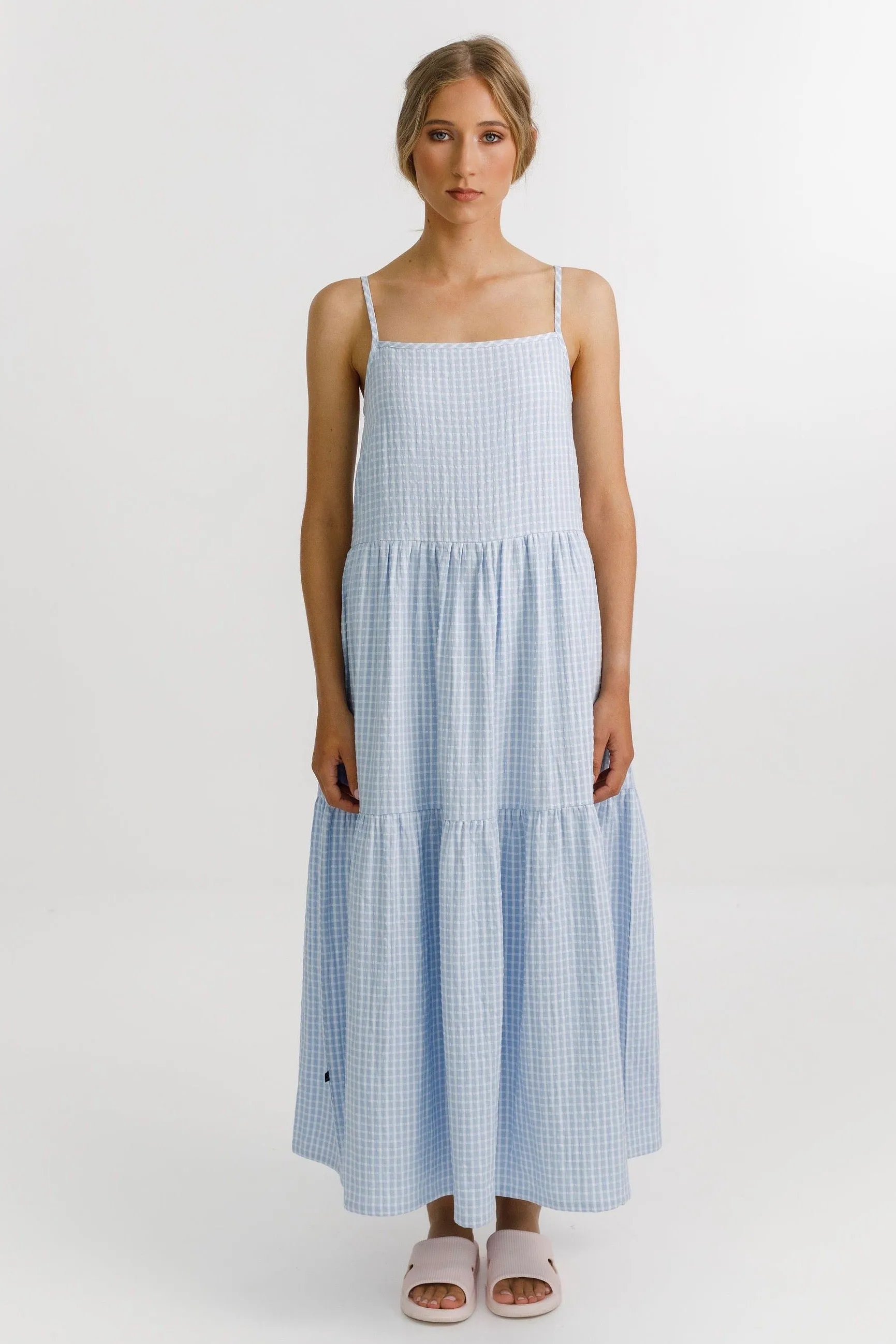 The Ziggy Tiered Strappy Soft Blue Midi Dress