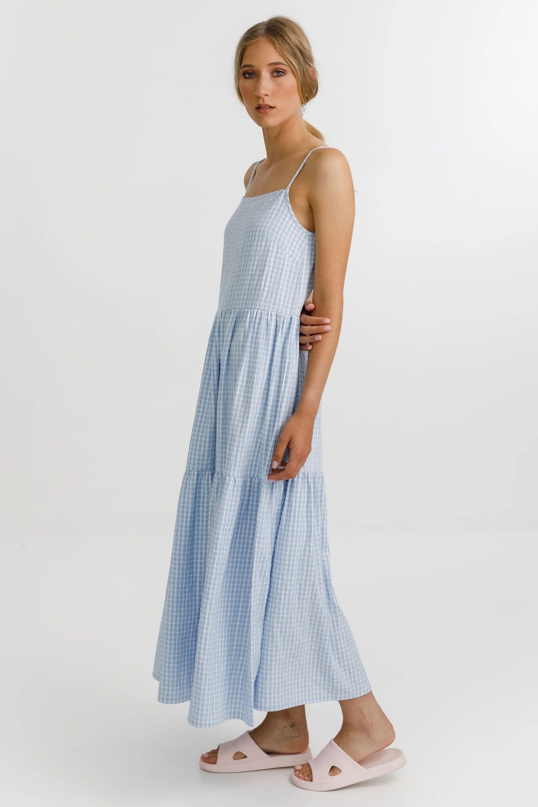 The Ziggy Tiered Strappy Soft Blue Midi Dress