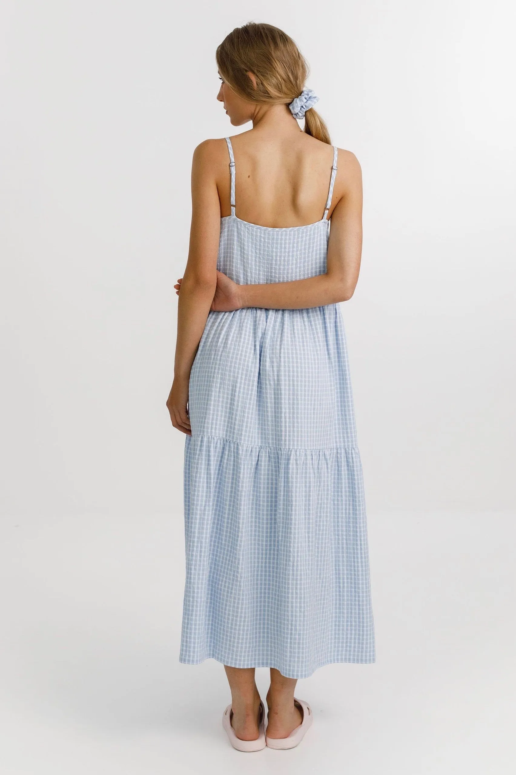 The Ziggy Tiered Strappy Soft Blue Midi Dress