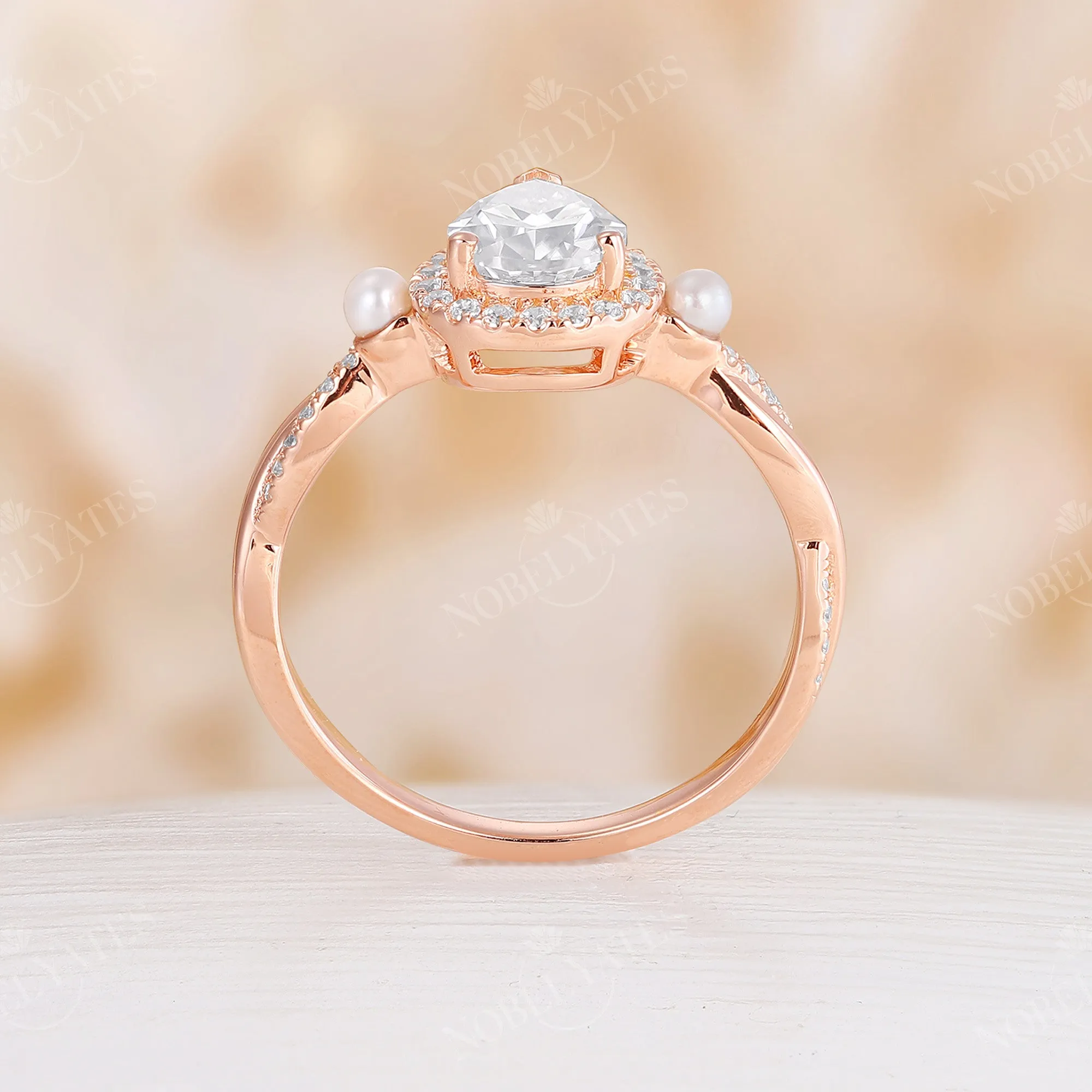 Twist Moissanite Rose Gold BrIdal Set Pearl Side Stone Band