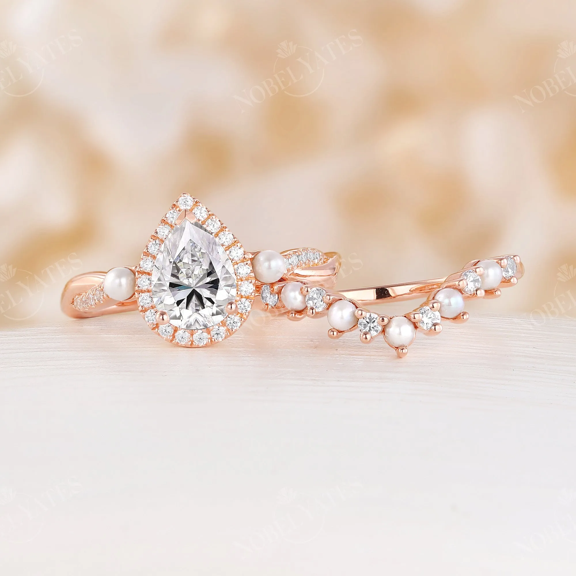 Twist Moissanite Rose Gold BrIdal Set Pearl Side Stone Band