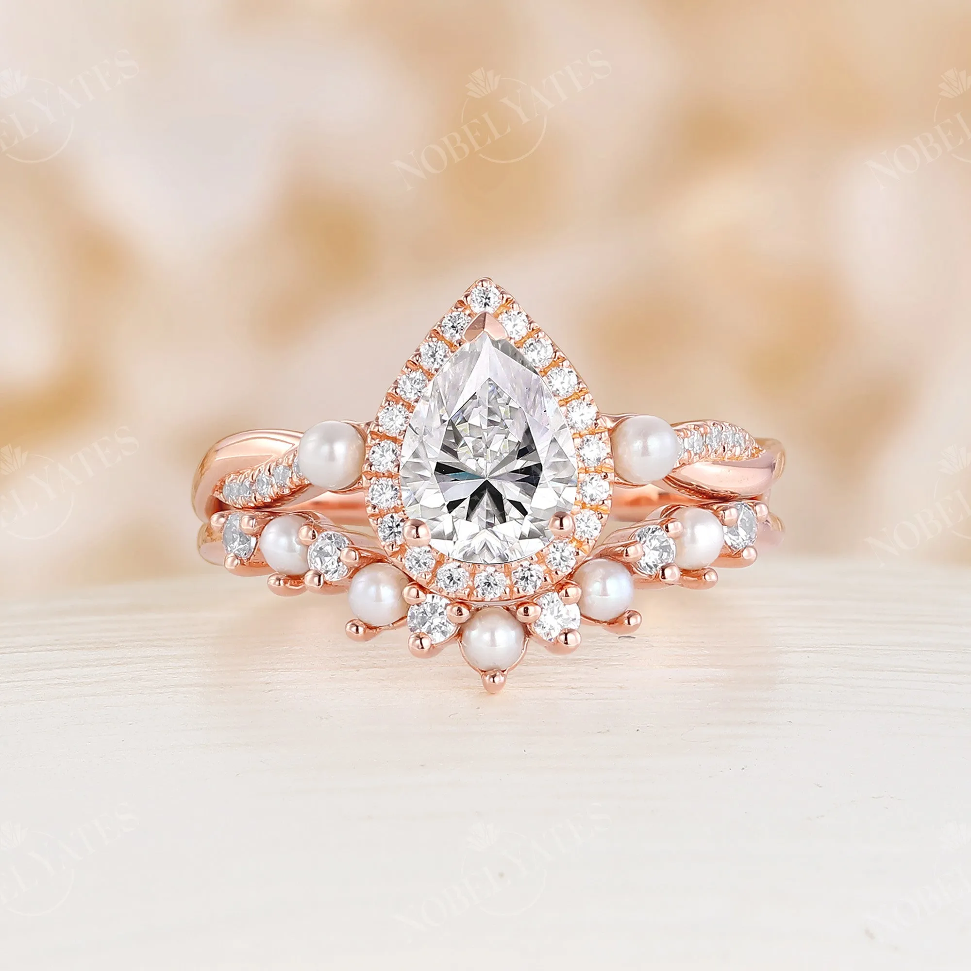 Twist Moissanite Rose Gold BrIdal Set Pearl Side Stone Band