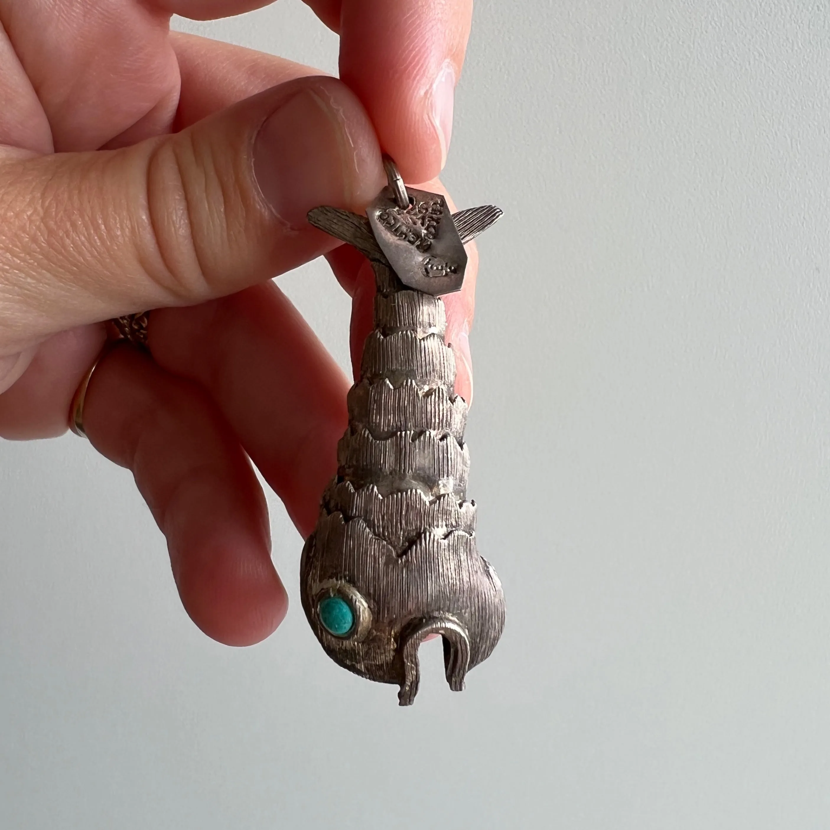 Vintage Sterling Silver Articulated Wiggle Fish Pendant from Taxco, Mexico