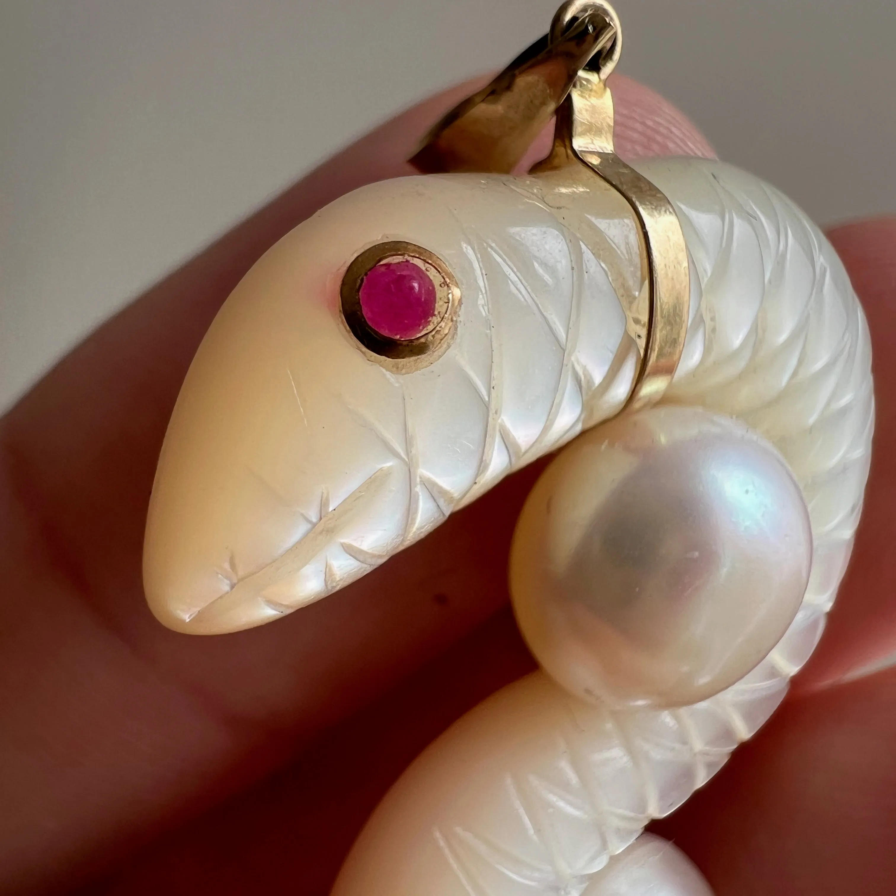 V I N T A G E // iridescent slither / 14k carved shell and pearl snake / a pendant