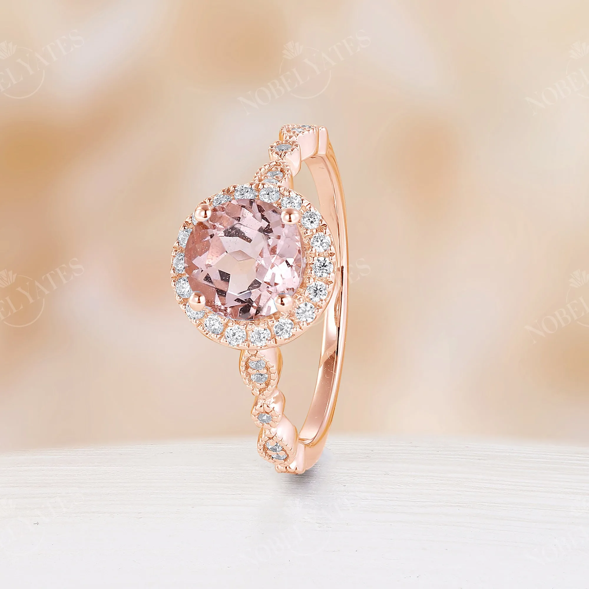 Vintage Orange Pink Morganite Round Halo Engagement Ring Rose Gold