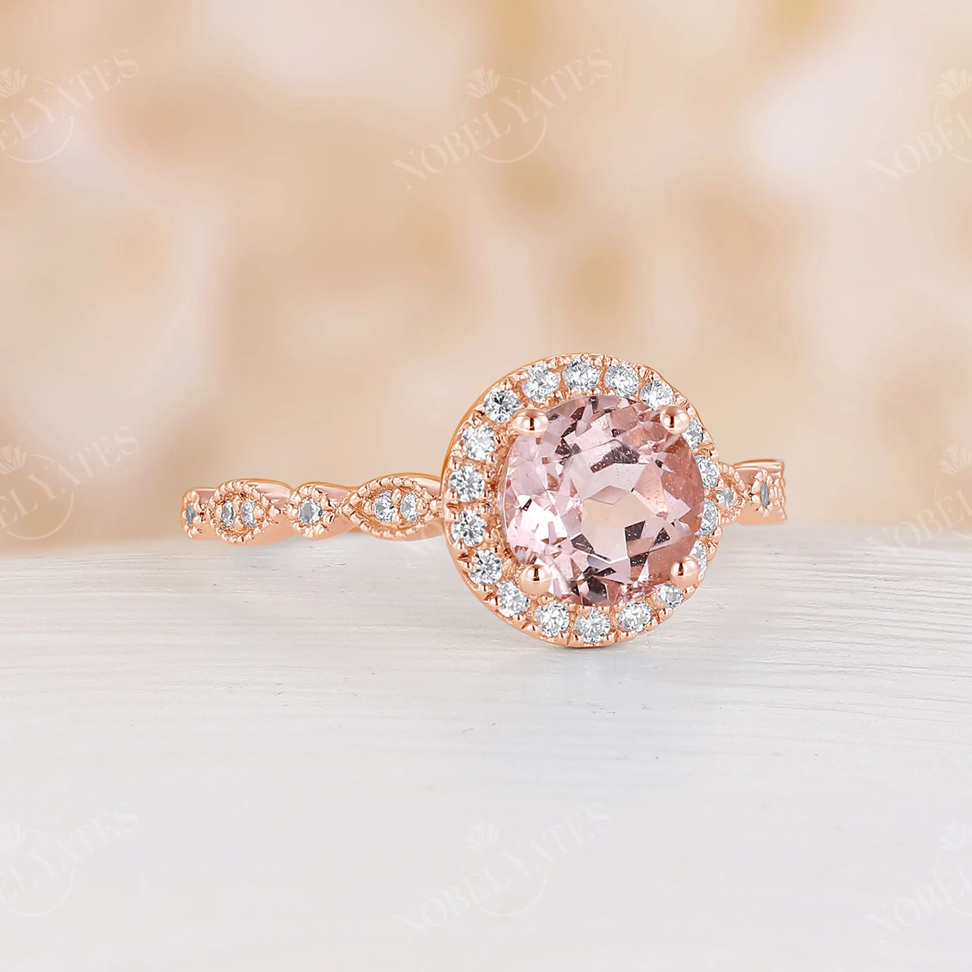 Vintage Orange Pink Morganite Round Halo Engagement Ring Rose Gold