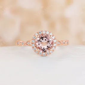 Vintage Orange Pink Morganite Round Halo Engagement Ring Rose Gold