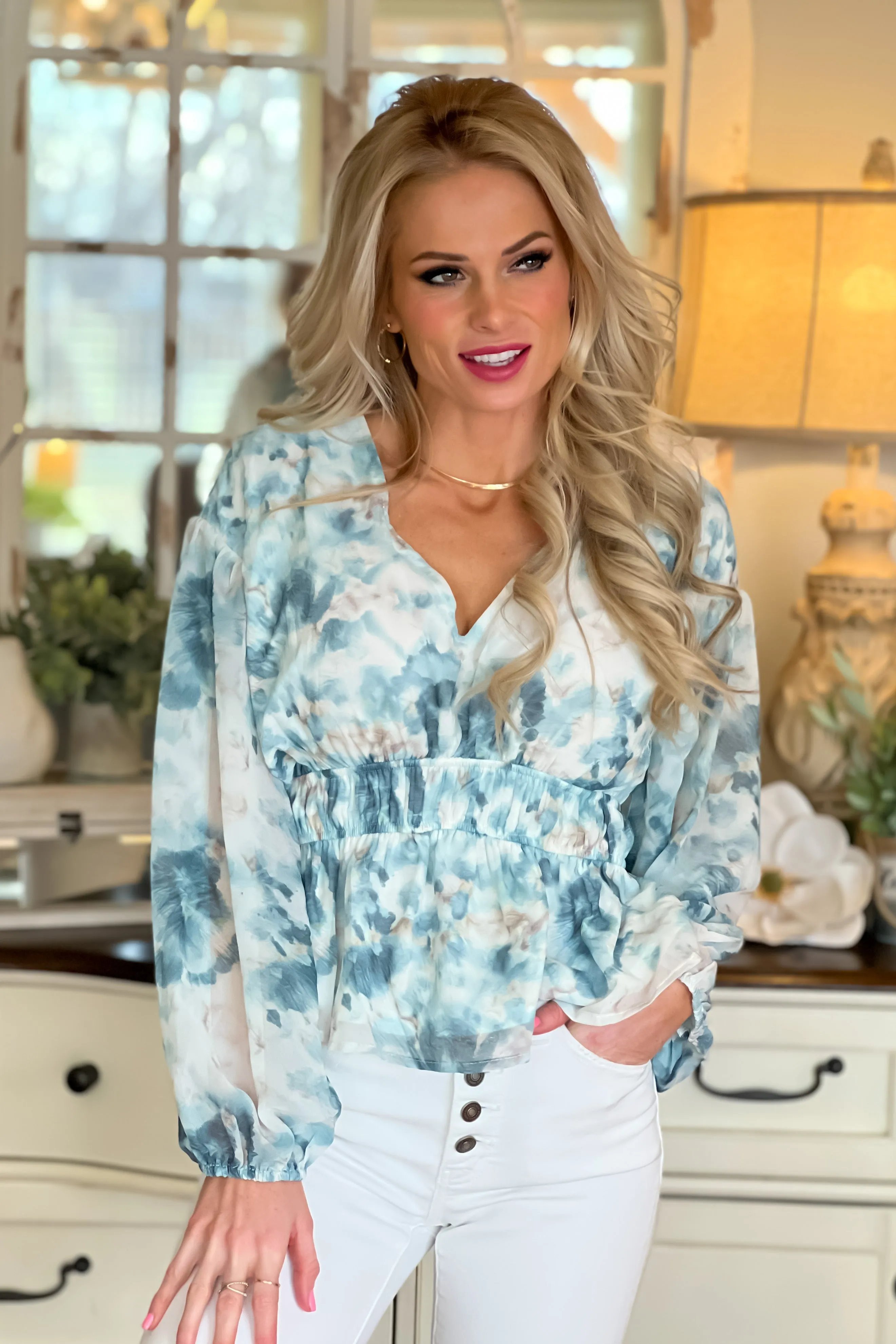 When Love Comes Along V-Neck Peplum Blouse : Ivory/Dusty Blue